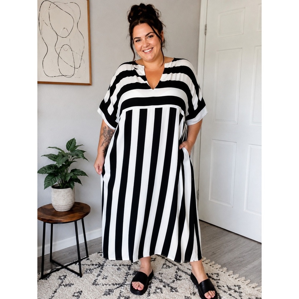 Emery Rose Plus Size Black White Striped Midi Dress 5XL Oversized V Neck Casual